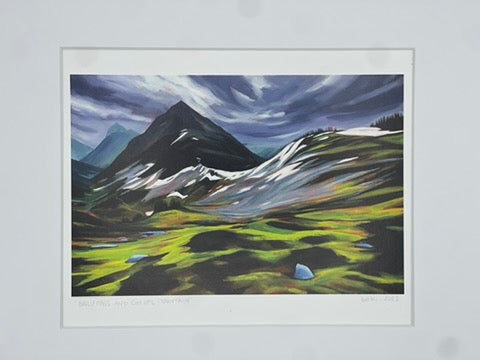 Framed abstract artwork with green, black, and white colors on a light gray background