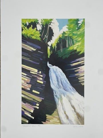 Artistic depiction of a waterfall surrounded by trees on a white background