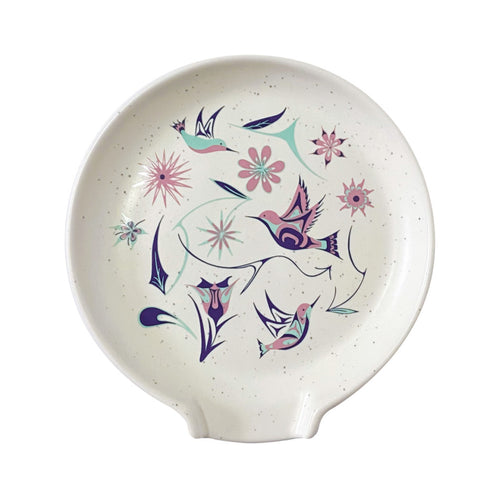 Spoon Rest by Native North West with hummingbird and flower patterns on a white background