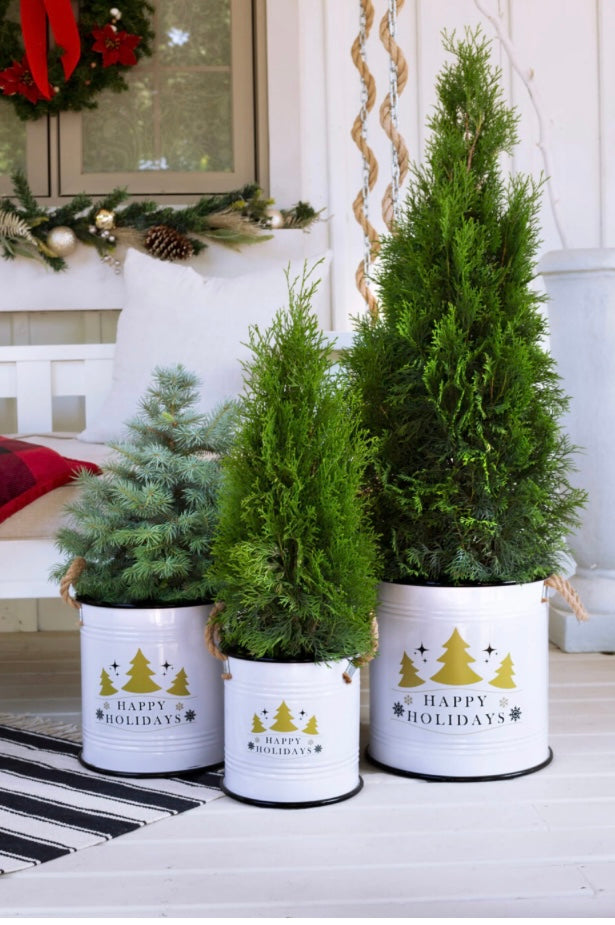 Happy Holidays White Round Tub with Rope Handles EA