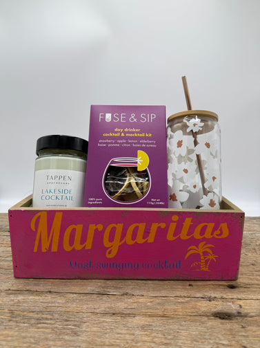 Summer gift box with lakeside cocktail tappen apothecary candle, fuse and sip day drinker cocktail kit, glass tumbler with daisies in wooden box