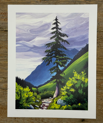 Painting of a mountain landscape with trees and a stream on a wooden surface