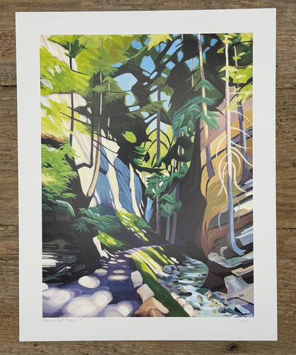 Colorful forest scene painting on a wooden surface