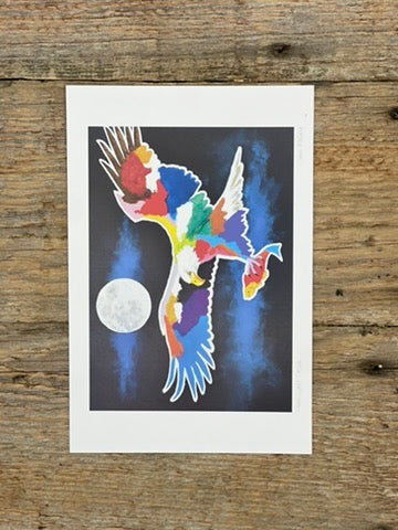 Colorful bird illustration on a wooden surface