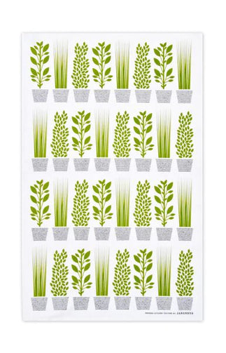 A white kitchen towel with a repeated pattern of various green herbs in different pots.