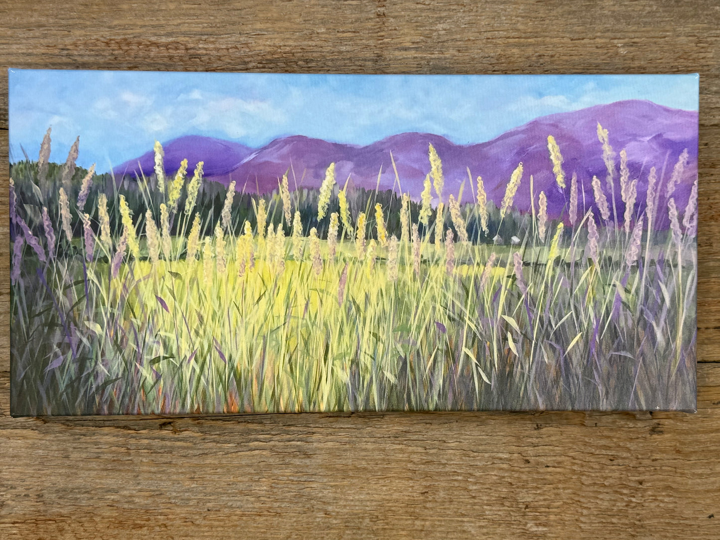 Painting of a landscape with tall grass and mountains on a wooden surface