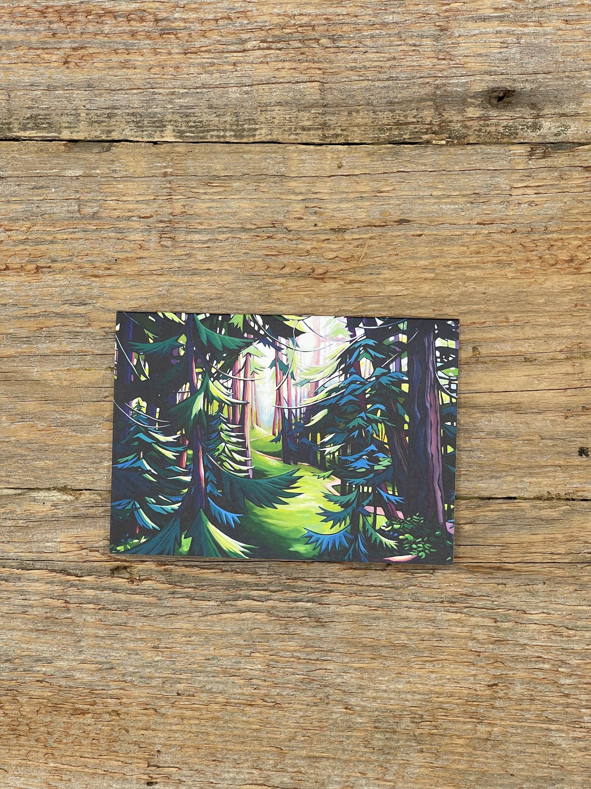Forest scene postcard on a wooden surface