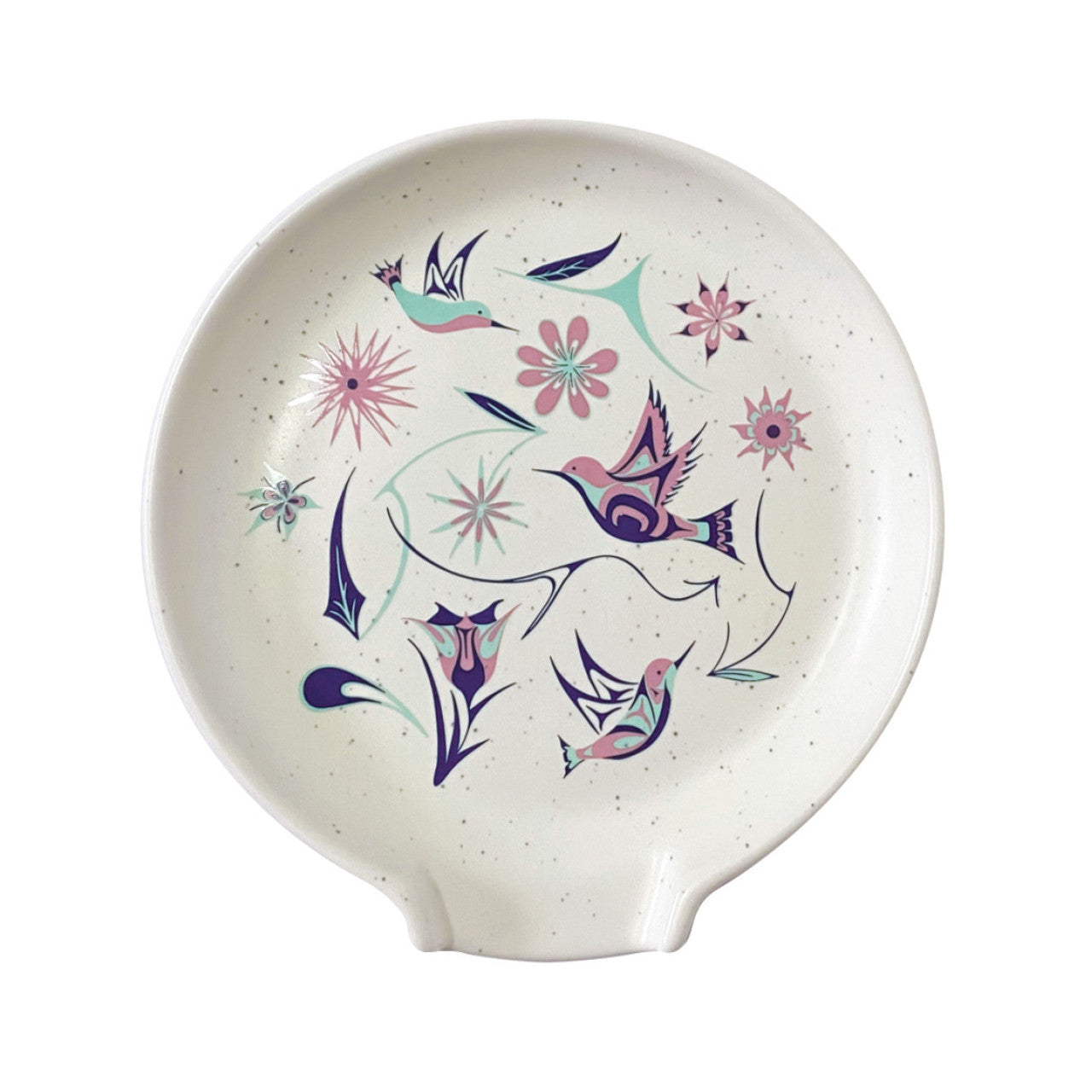 Spoon Rest by Native North West with hummingbird and flower patterns on a white background