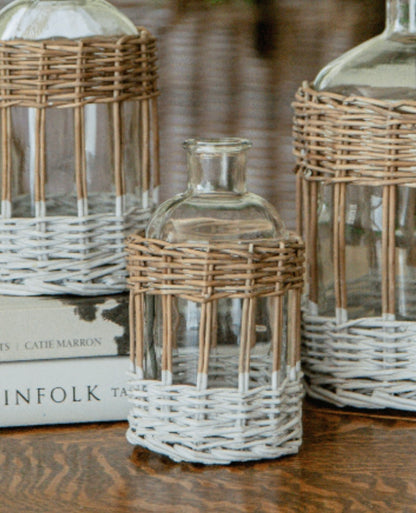 Glass Bottle with Grey/White Willow Open Weave ea