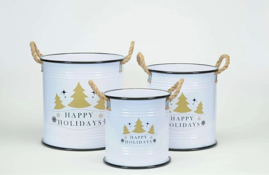 Happy Holidays White Round Tub with Rope Handles  EA