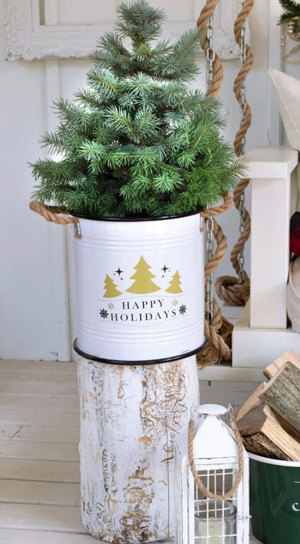 Happy Holidays White Round Tub with Rope Handles  EA