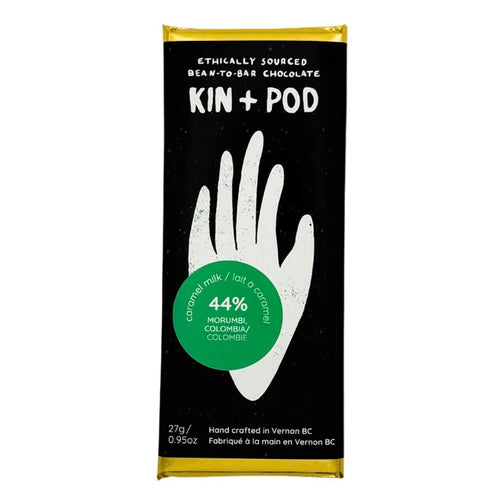Kin + Pod chocolate bar packaging with a hand illustration and chocolate bar details.