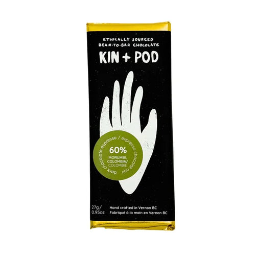 Kin + Pod chocolate bar packaging with a black background and white text.