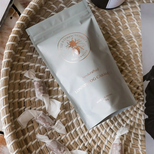 Packaged product on a woven surface with visible branding