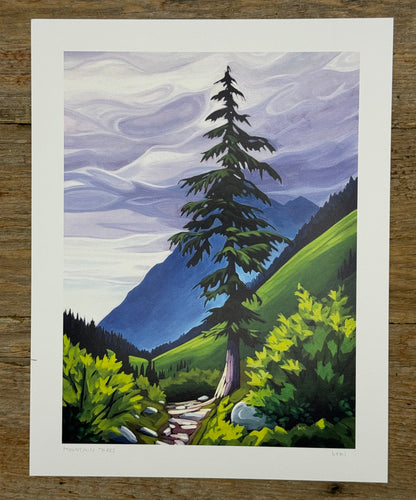 Painting of a mountain landscape with trees and a stream on a wooden surface