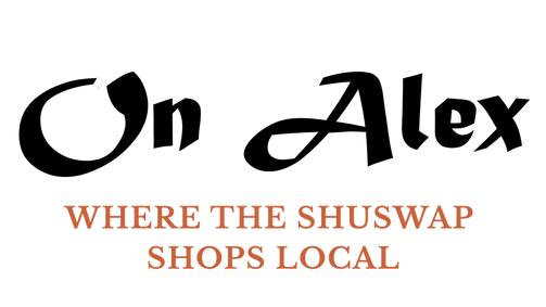 Logo with 'On Alex' text and tagline 'Where the Shuswap Shops Local' on a white background