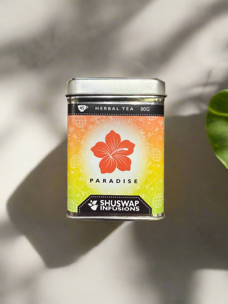 Tea canister labeled 'Paradise' by Shuswap Infusions 