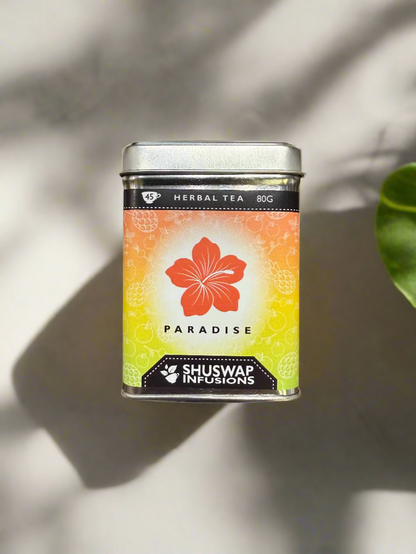 Tea canister labeled 'Paradise' by Shuswap Infusions 