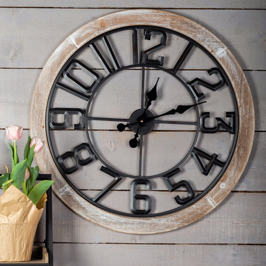 Wall Clock with Metal Numerals and Wooden Trim