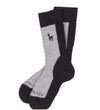 A pair of gray and black alpaca hiker socks with a logo on the ankle area.