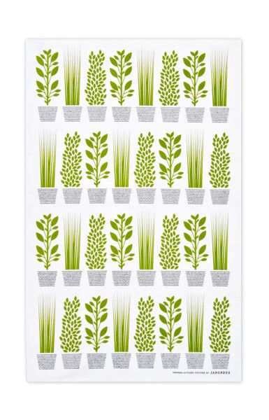A white kitchen towel with a repeated pattern of various green herbs in different pots.