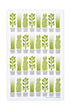 A white kitchen towel with a repeated pattern of various green herbs in different pots.